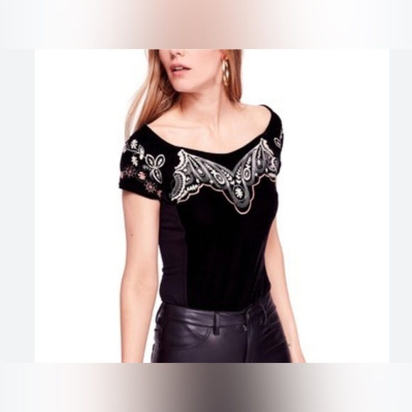 Free People Black Velvet Top with Embroidered Details M - Picture 1 of 9